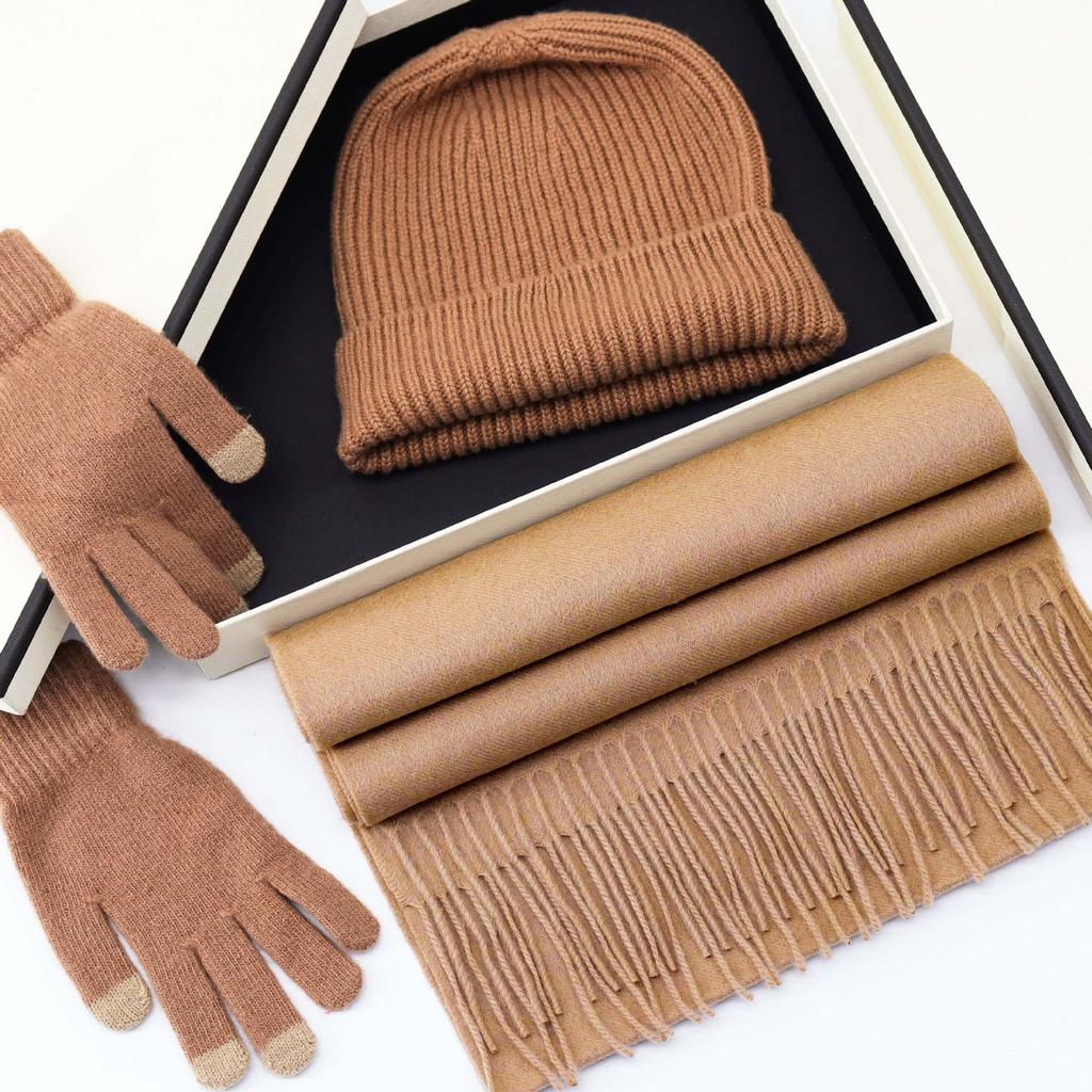 Gift box knitted three-piece 100% solid color wool scarf women's autumn and winter hat gloves versatile warm winter shawl