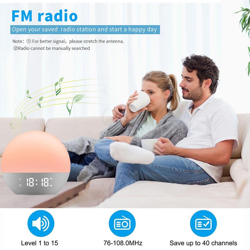Wake Up Light Alarm Clock Sunrise/Sunset Simulation FM Radio Color Night Light  White Noise Machine Bedside Clock for Home Decor