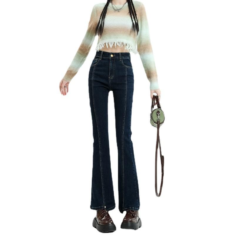 High waist slightly pulled jeans women's spring and autumn new thin design irregular horseshoe horn pants
