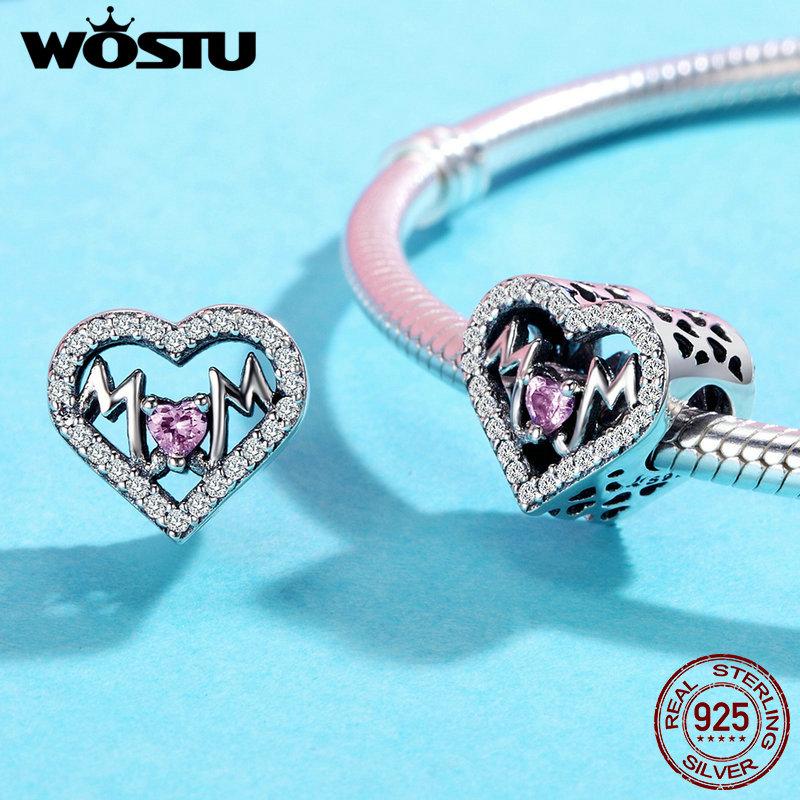 WOSTU 100% 925 Sterling Silver MOTHER MUM Heart Charms Fit Original Charm Bracelet Authentic Jewelry Accessories Making C395