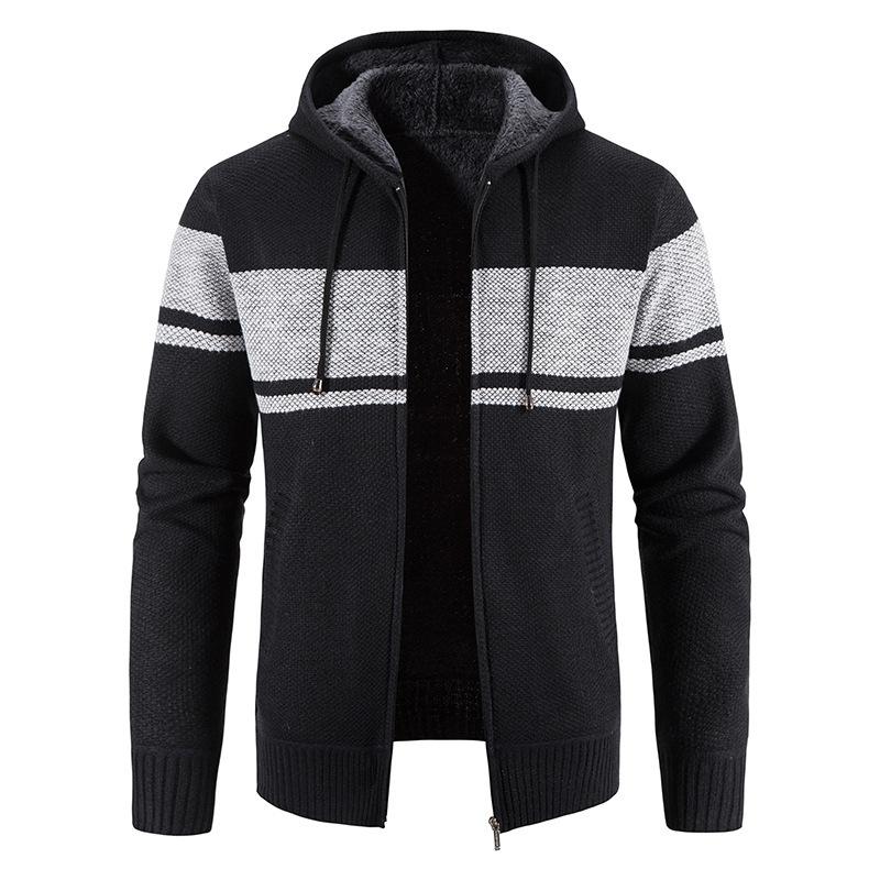

New Autumn Winter Men s Hooded Velvet Thicken Sweater Youth Knitted Cardigan Color-blocked Zipper Casual Jacket L чорний