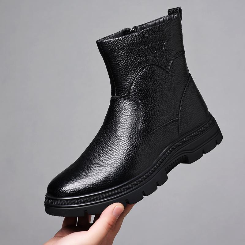 Winter First Layer Cowhide Men's Cotton Shoes Wool Snow Boots Velvet Warm Leather Boots Genuine Leather Middle-aged Leather Shoes Men's Shoes Thick