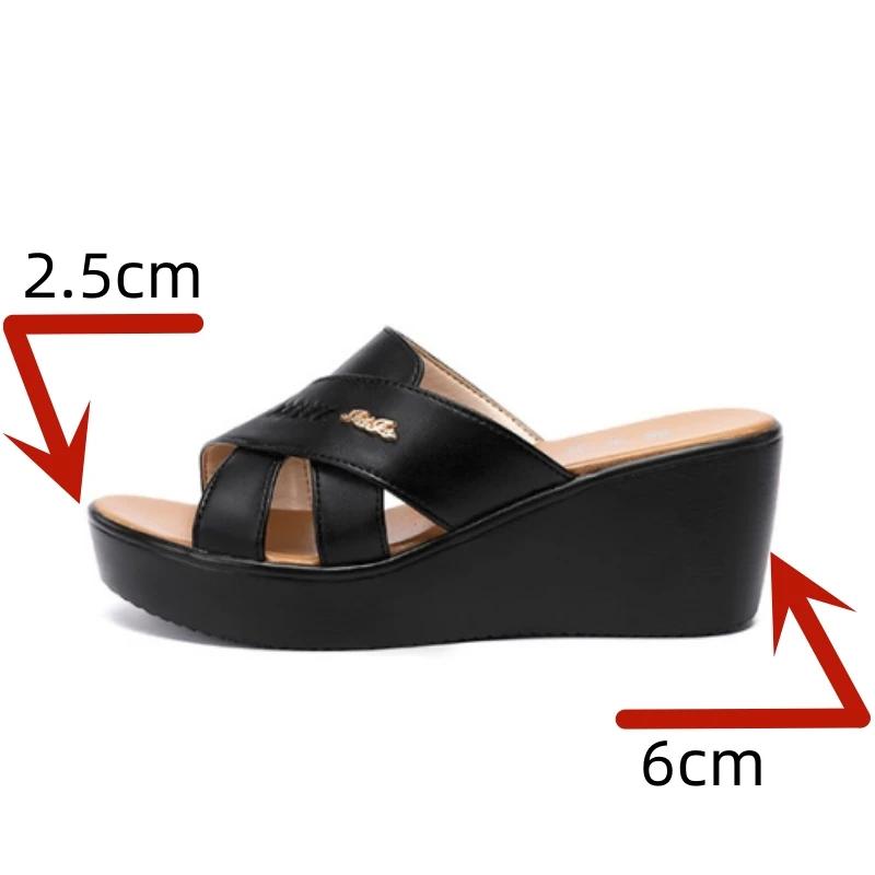 6cm Small Size 32-43 Comfortable All Match Soft Leather Slippers Platform Shoes 2025 Womens Med Heels Wedges Slides Office Beach