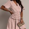 Women's Summer New Solid Colour V-neck Waisted Short-sleeved Square Fashion Casual Pleated Short Skirt