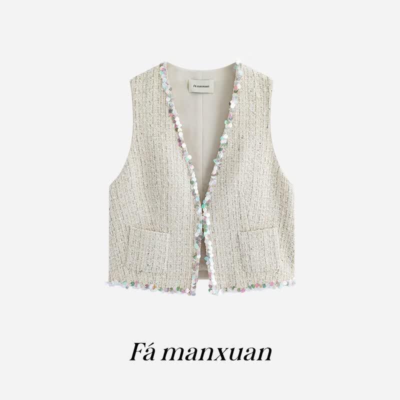 FAMANXUAN French Style Sequin Tweed V-Neck Vest
