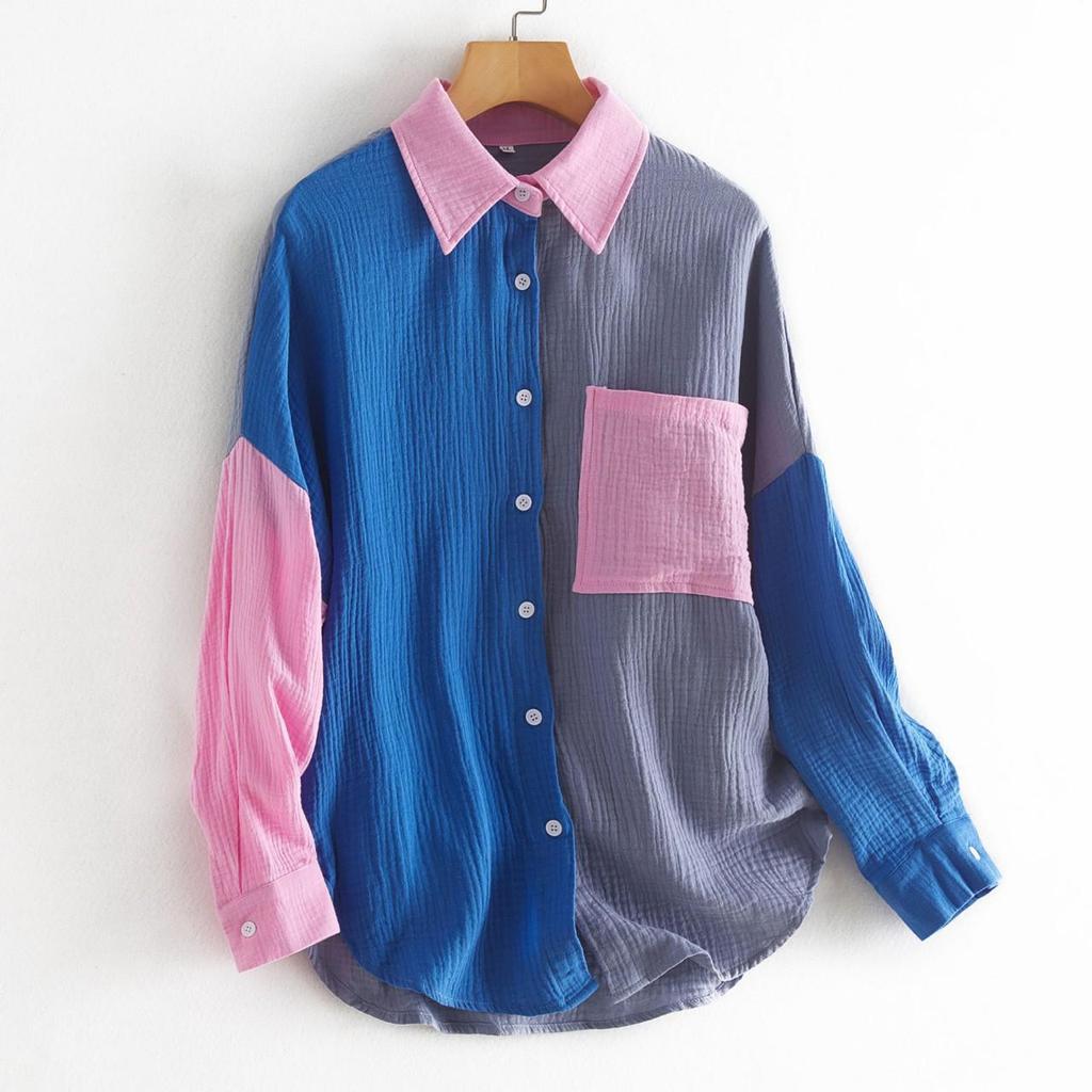 Women's Cotton Linen Color Block Loose Fit Long-sleeved Shirt - Elegant Drop Shoulder Design