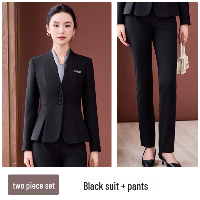 Elegant Collarless Women's Suit Set for Hotel Manager & Receptionist Spring/Autumn Workwear
