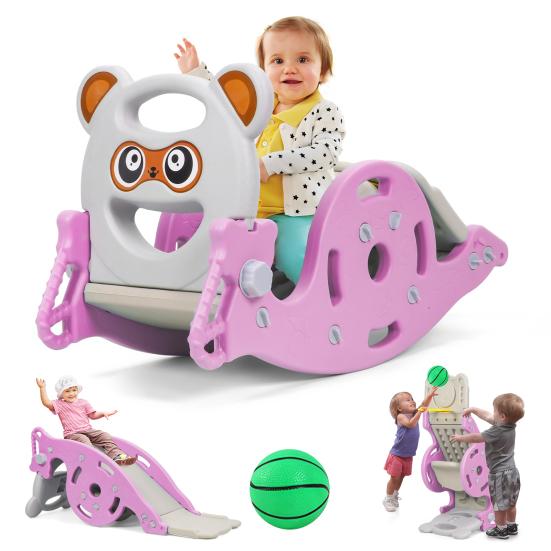 4-in-1 Kids Slide & Rocking Horse, Convertible Playground Toy with Basketball Hoop for Toddlers
