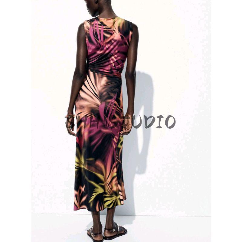 Summer New Product Women's Clothes French Pleated Draped Collar Sleeveless Gold Inlay Print Midi Skirt Dress 7963361