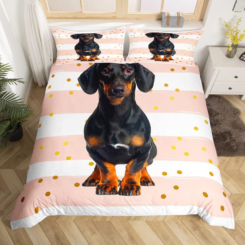 Sausage Dog King Queen Duvet Cover Floral Dachshund Bedding Set Cartoon Puppy Animal Comforter Cover Pet Polyester Quilt Cover
