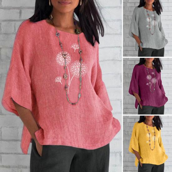 

Женская блузка с круглым вырезом и рукавами три четверти, простой цветочный принт с разрезом по бокам