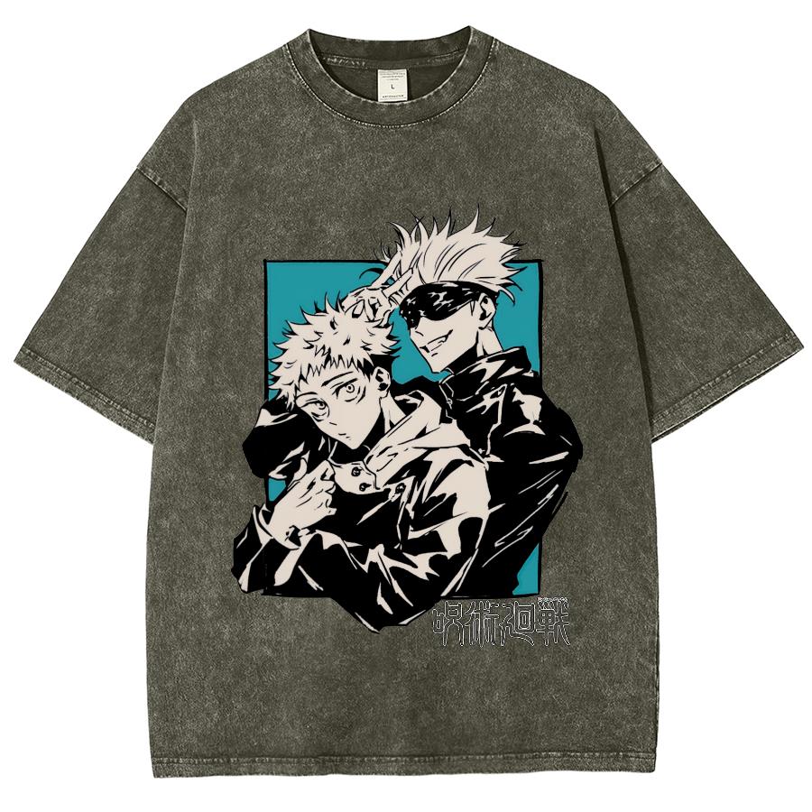Anime Jujutsu Kaisen Satoru Gojo And Itadori Yuji Print T Shirt Men Women Y2k T-shirts Washed Cotton Tee Harajuku Male Tshirt