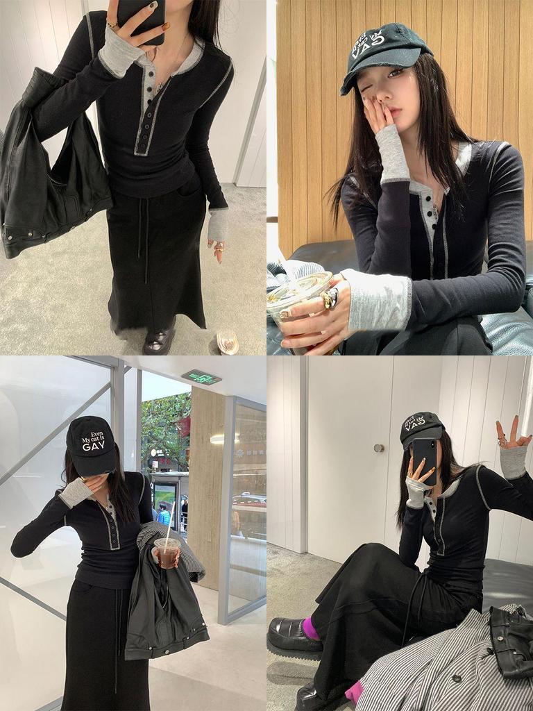 Women's Spring Long Sleeve Slim Fit Colorblock T-Shirt