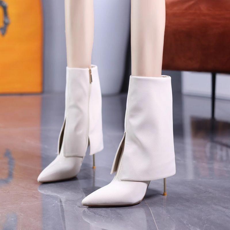 Temperament Mid-leg Boots Fashion Pointed Toe Zipper Non-slip Wear-resistant Slim Heel Trouser