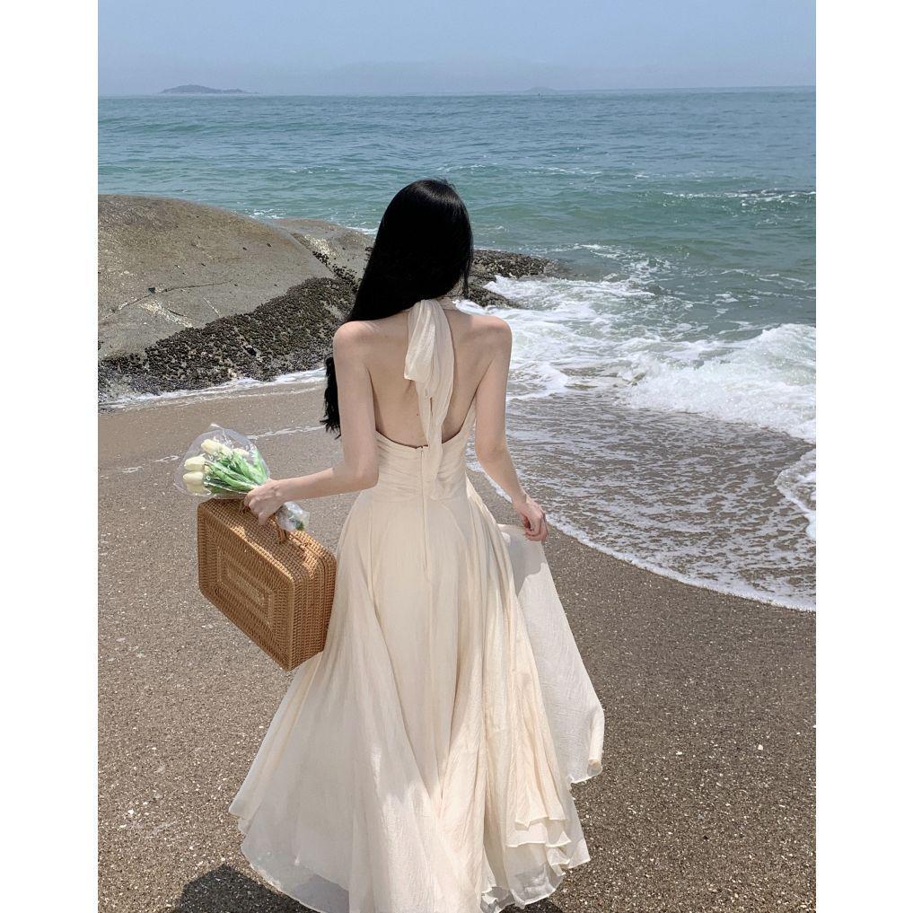 French Goddess Style Backless Halter Dress – Summer Beach Fairy Long Skirt