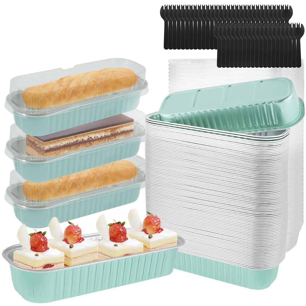 150Pcs Mini Cake Pans with Lids and Spoons 200ml Rectangle Foil Baking Pans Tins Non-Stick Kitchen Loaf Container Cupcake Liners