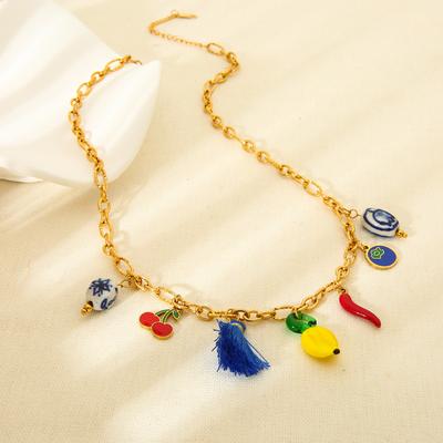 European and American Fashion Ceramic Cherry Pepper Fringed DIY Pendant Necklace Plated with 18k Gold Stainless Steel Waterproof Jewelry Accessories