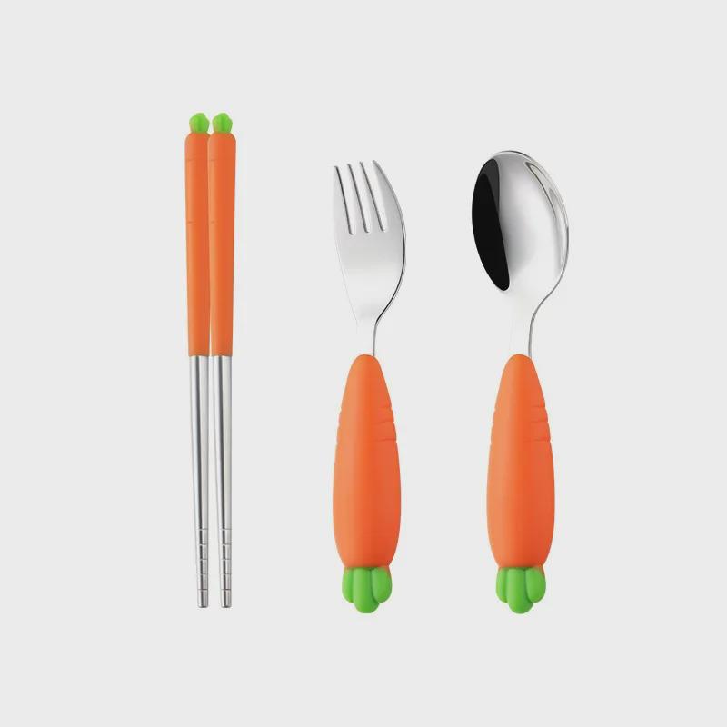 Carrot-Themed Silicone & 304 Stainless Steel Kids' Tableware Set: Spoon, Fork, and Chopsticks for Baby Food