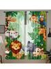 2PC Cartoon Jungle Animal Sheer Curtains - Kids Safari Themed Print Window Drapes for Children's Room Bedroom Decor
