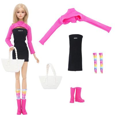 5 Stück/Set Mode Puppenkleidung für 11,5 Zoll Mädchenpuppe Puppe'' Mädchenpuppe 30cm Spielzeug Elastischer Rock Stiefel Schuhe Große Handtasche Socken Kindergeschenk