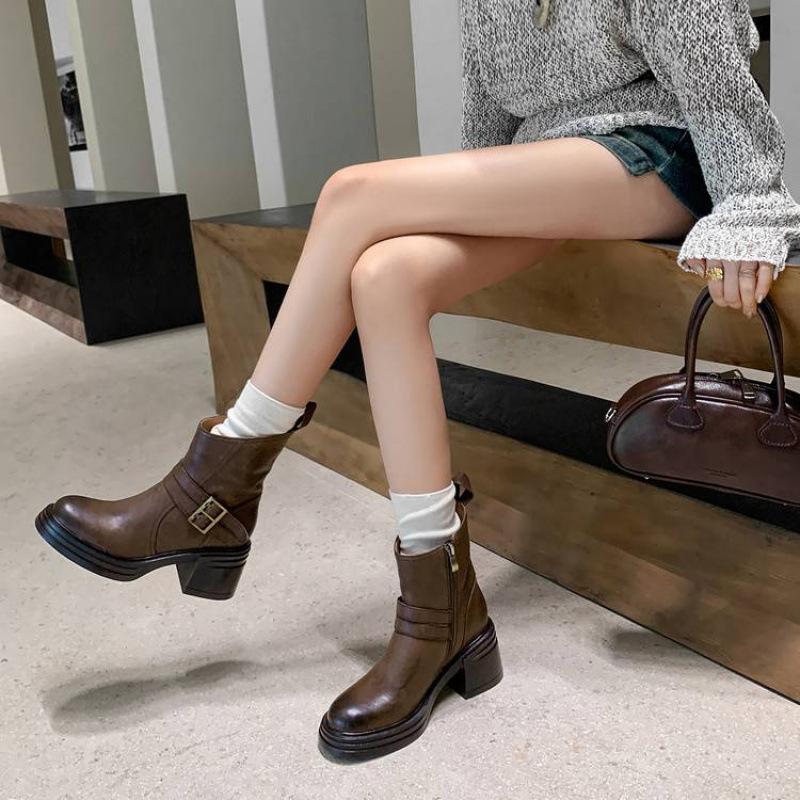 New Women's Leather Boots Leather Mid-heel Thick-soled Non-slip Martin Boots Autumn and Winter Side Zipper Large Size Cowhide Low Boots