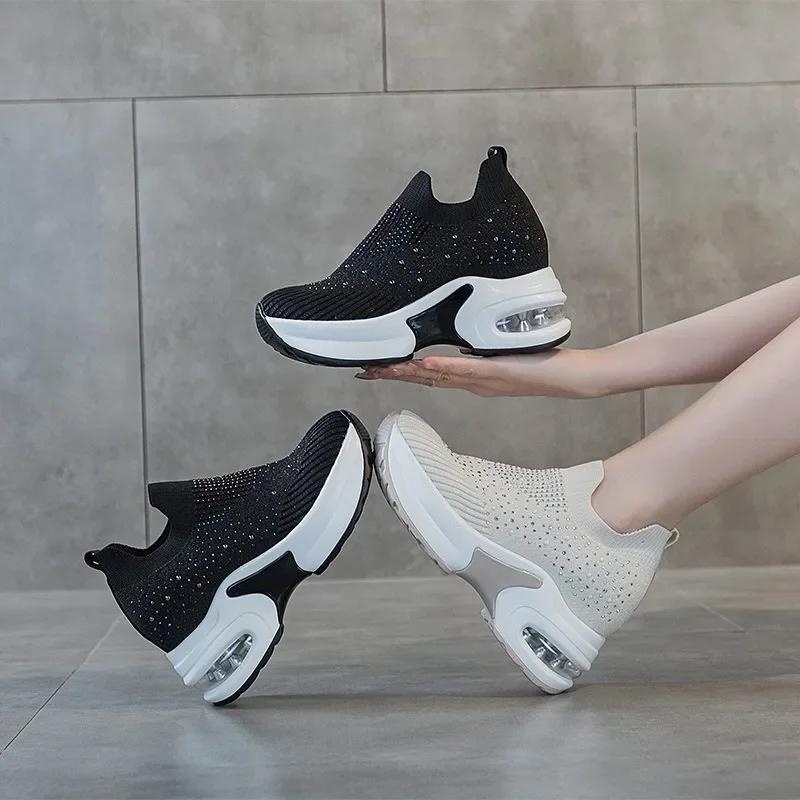Fashion 8cm Air Mesh Stretch Fabric Sock Knitted Spring Autumn Platform Wedge Ankle Slip on Bling Women Fashion Rhinestone Booties Shoes