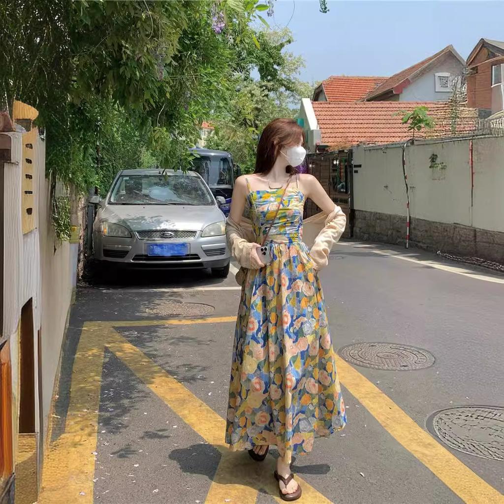 Oil painting wind vacation wind floral summer waist thin A word suspender dress women's Japanese long dress tube top skirt