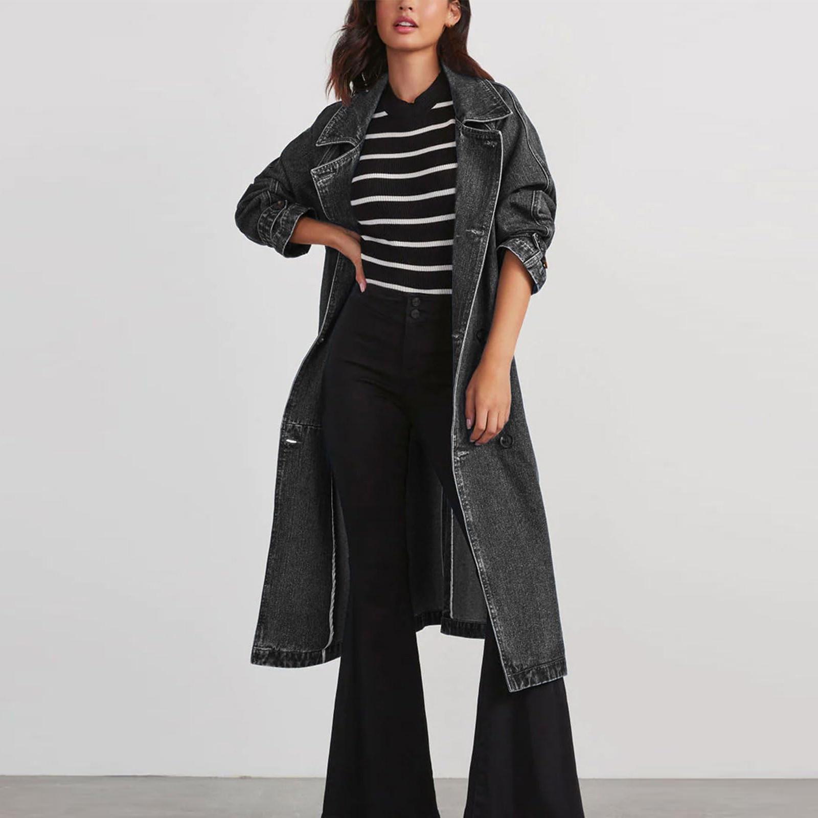 

Осенне-зимняя женская ветровка из денима, хлопка, однотонная, с двойными карманами, длинная, на пуговицах, свободная куртка XL чёрный