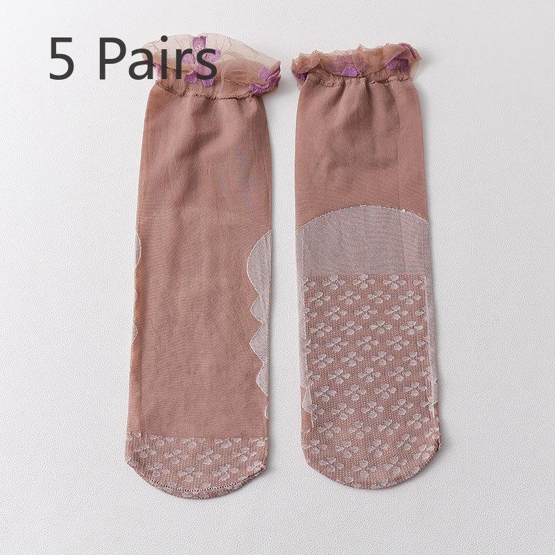 

5 пар кружевных женских кружевных носков для беременных с широким вырезом, ультратонкие дышащие и нескользящие хлопковые подошвы, короткие шелковые носки с защитой от зацепок 5 pairs кофейный