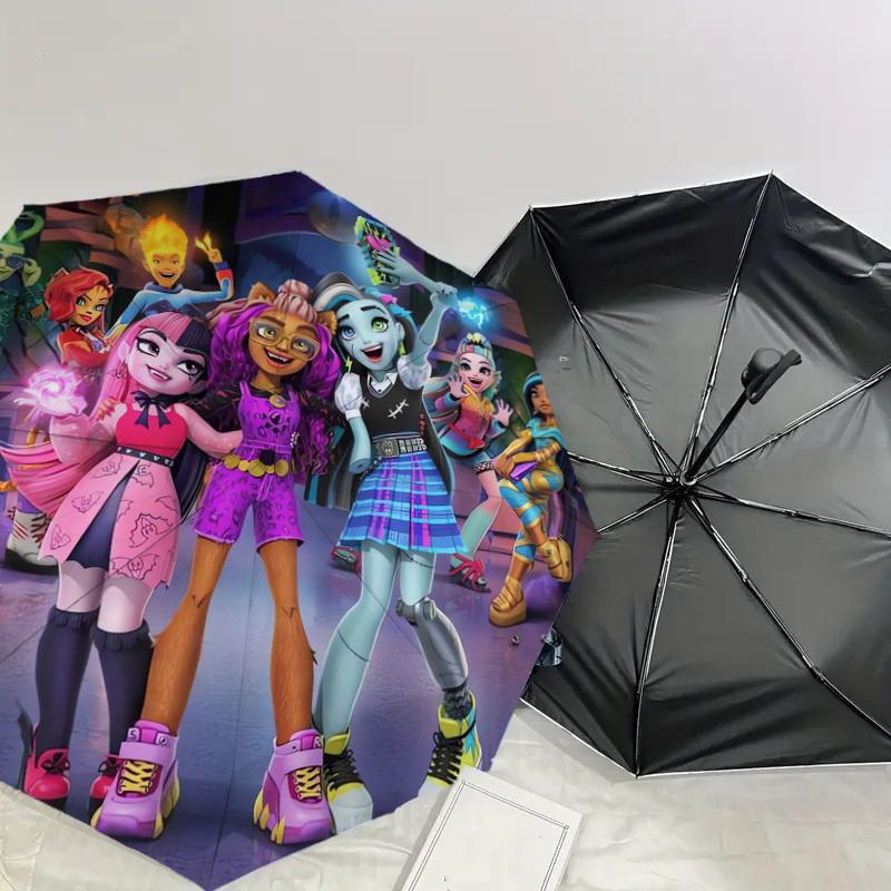 1pc Monster High Ghoulfriends Pattern Small Travel Compact Windproof Umbrella, Automatic Folding Umbrella, Automatic Open/Close ,Gift
