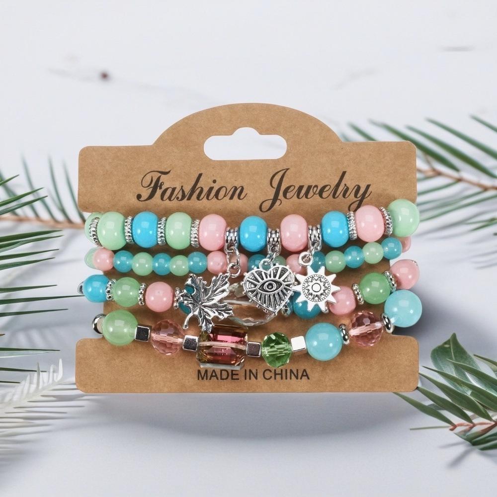 Bohemian Beaded Bracelet Set with Hollow Heart and Leaf Pendants