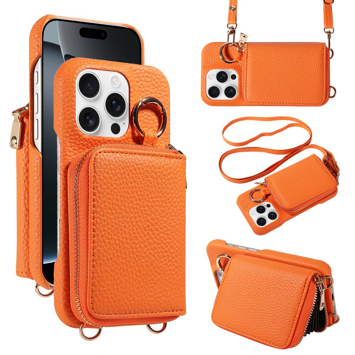 

Leather Phone Case for IPhone 17ProMax 17Pro 17E 17 AIR Multifunctional protective case with lanyard, stand, zipper and wallet. iPhone17 Pro оранжевый