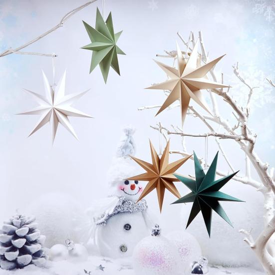 5Pcs Star Lanterns 12-Inch Paper Christmas Ornaments 9 Pointed Hanging Lamp Lampshades Vintage Farmhouse