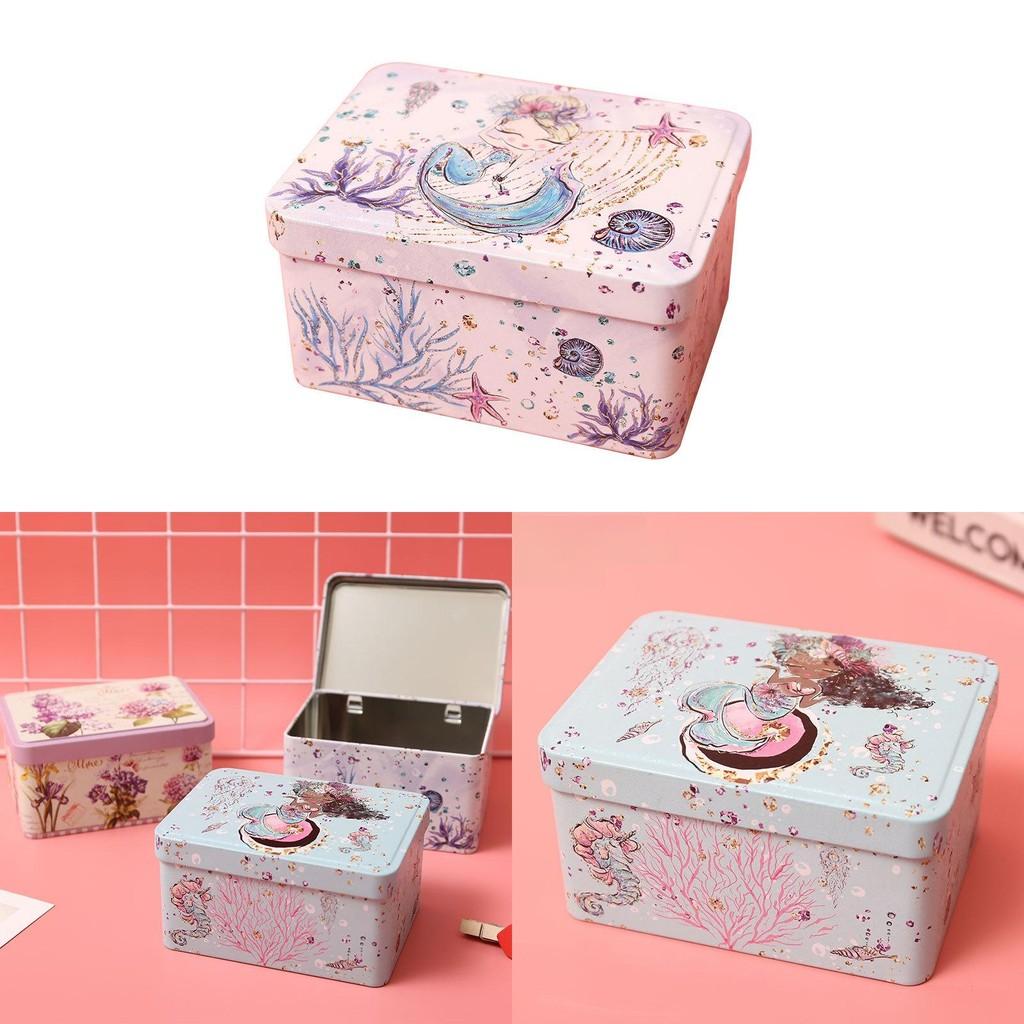 Mermaid Metal Storage Box With Lid For Desk Organizer Gift Decoration Students