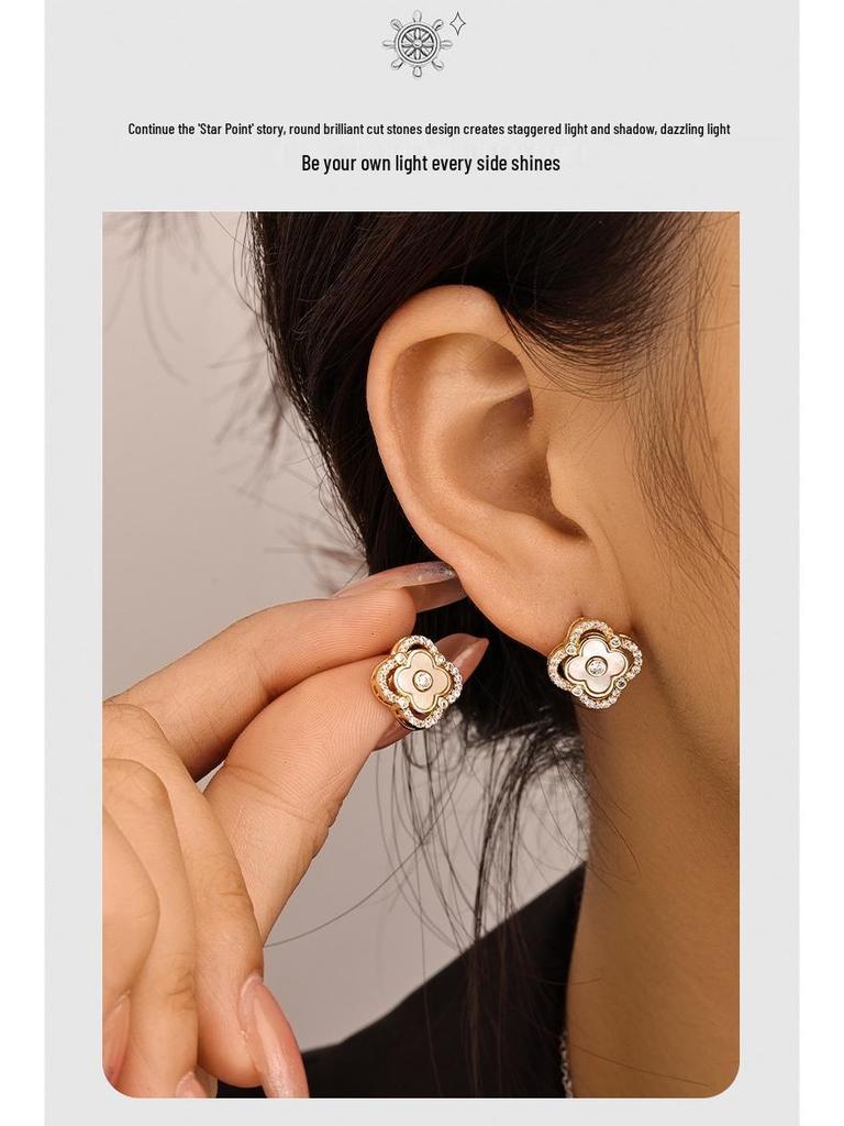 Elegantes Set aus Ohrsteckern und Halskette aus Kupferlegierung mit vierblättrigem Kleeblatt - Schlichtes, luxuriöses Damen-Schlüsselbeinketten-Design