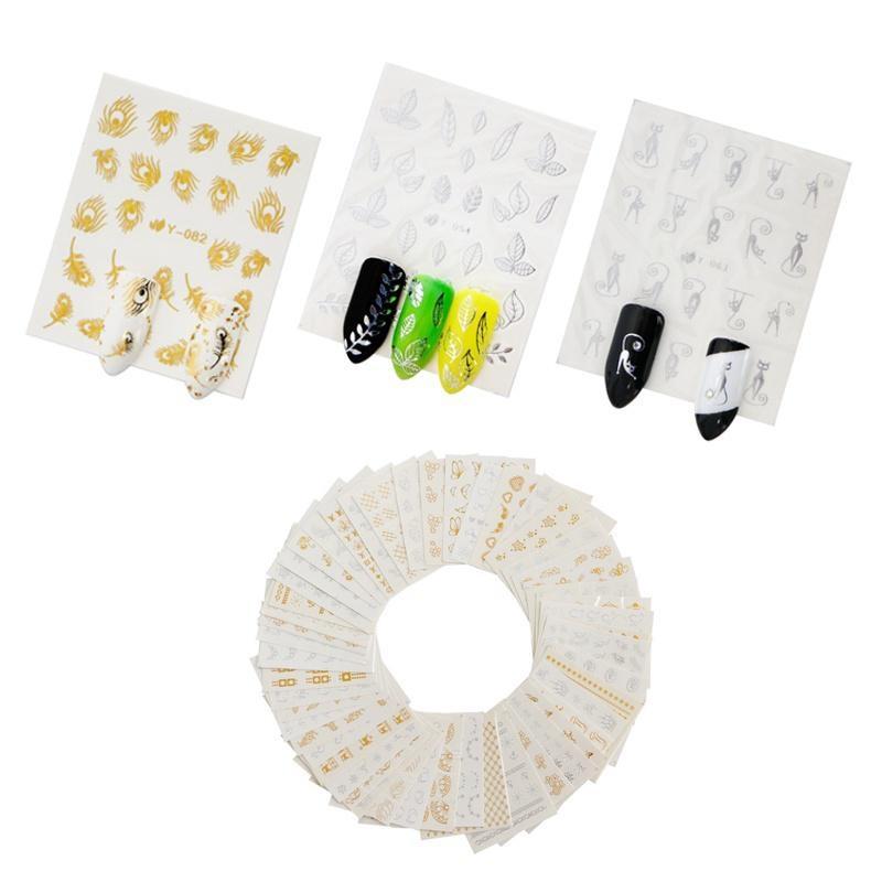 30 Sheets/set Fashion Gold Silver Color Nail Sticker Water Transfer Beauty Flower Spider Feather Design Nail Decoration