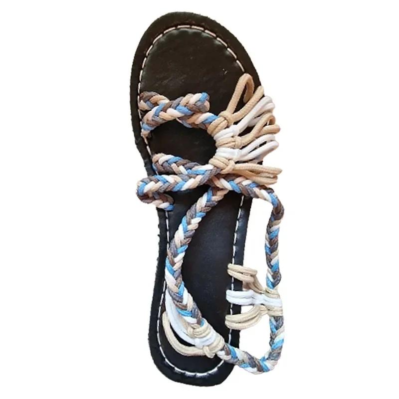 

Fashion Women Summer Flip Flop Sandals Shoes Mixed Color Matching Rope Knot Beach Toe Roman Sandals Casual Comfortable Plus Size Shoes 35