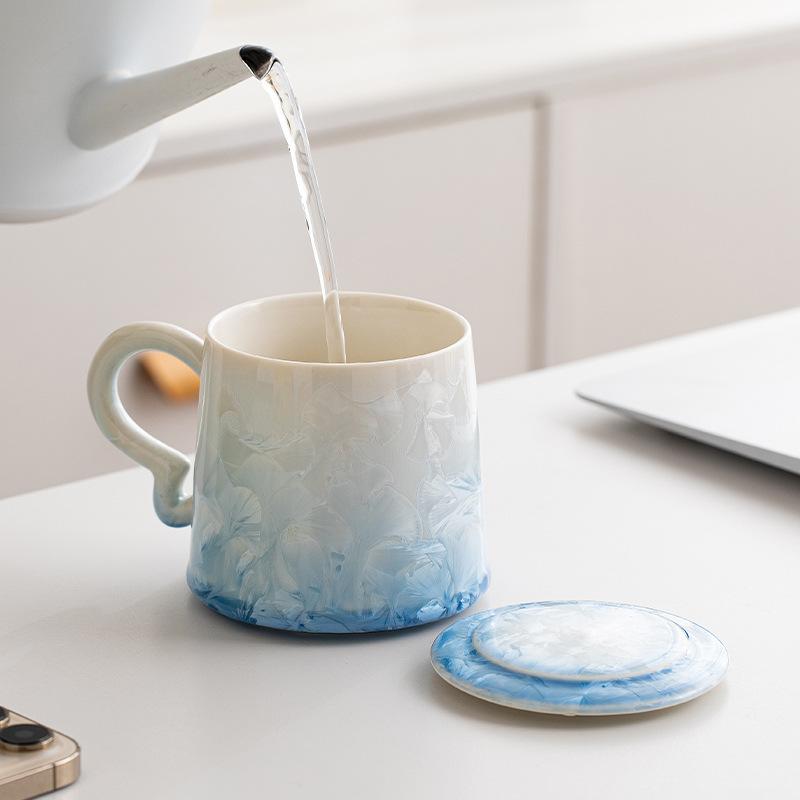 Crystal Glazed Ceramic Tea Cup Simple Personal Use Mug Office and Home Use with Lid