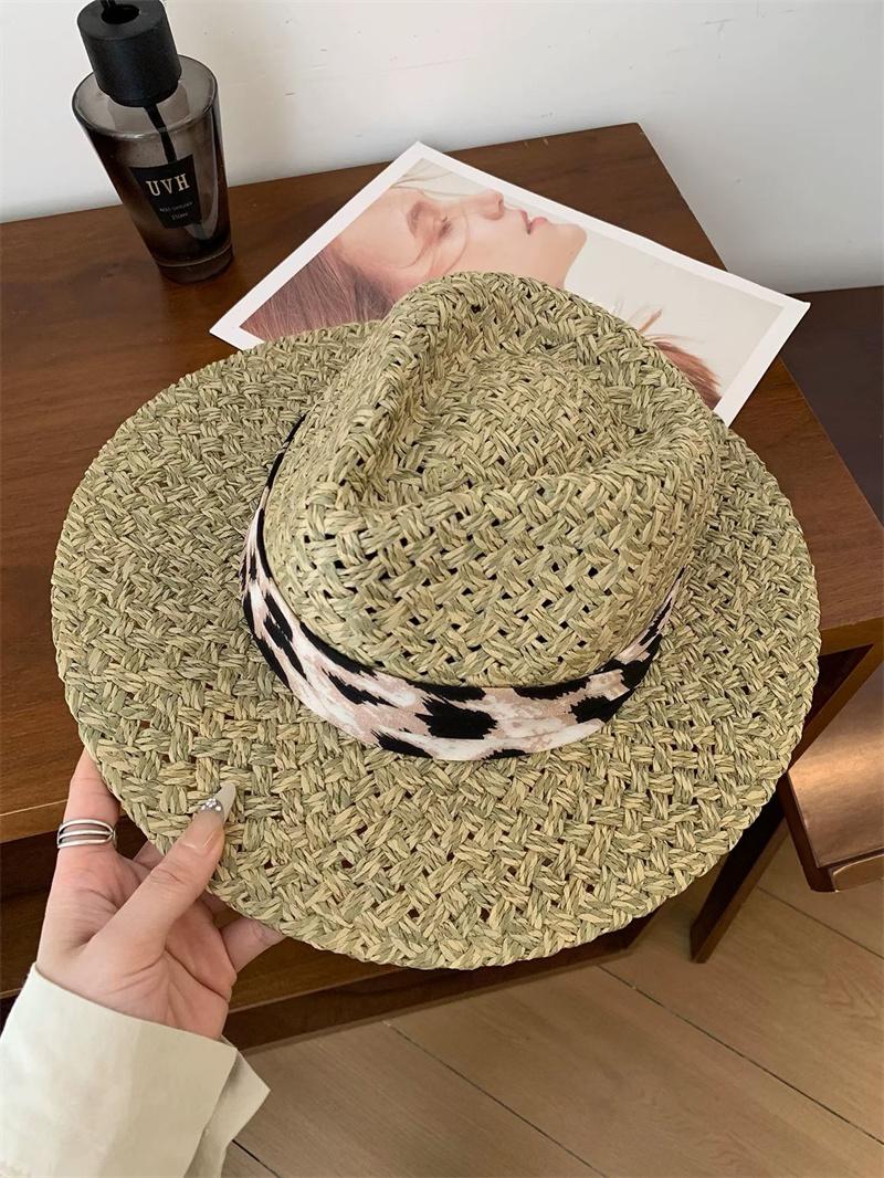 

202604-ds ins chic summer Natural salty grass leopard print ribbon fashion holiday men women fedoras cap leisure panama hat head size 57cm бежевий