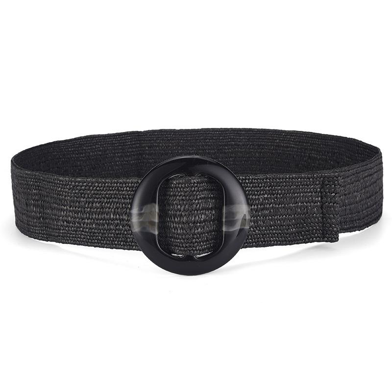 Summer Resin Round Buckle Pp Grass Elastic Woven Wide Belt Beach Niche Exterior Dress Waist Seal