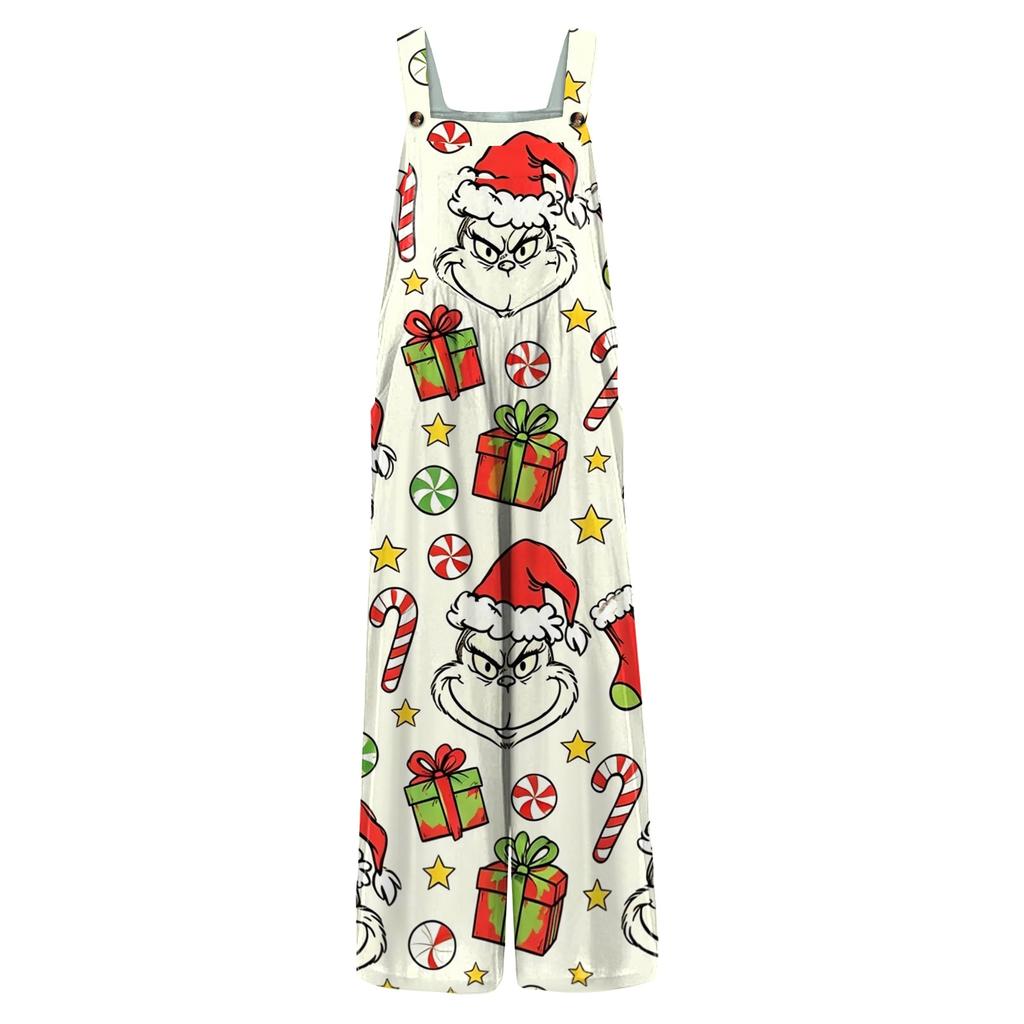 Women's Casual Sleeveless Cotton Jumpsuit with Christmas Print