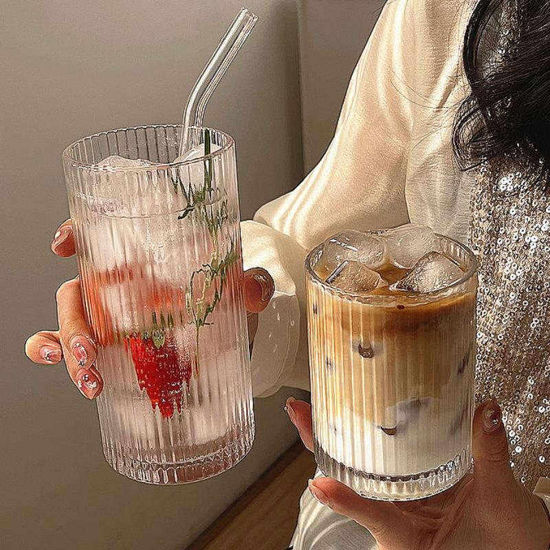 250ml/360ml Korean Style Cocktail Glass Art Design Juice Tea Cold Drink Cups Restaurant Iced Latte Coffee Cup Striped Glass Cup