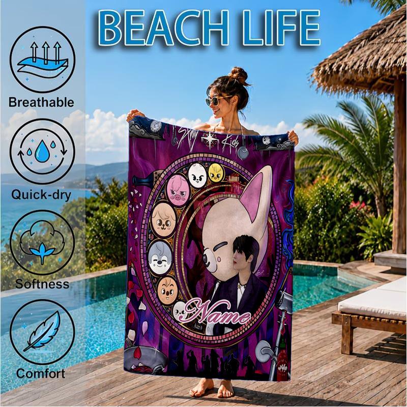 Custom Name K-pop stray Smile Beach Towel Microfiber Beach Towel, Lightweight and Quick-Dry, for Summer Travel, Swimming Pool Gift
