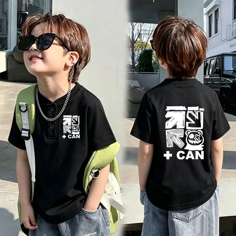 Korean Style Boys' Short-Sleeve Henley Collar T-Shirt, Loose Pure Cotton, Summer New Arrival Trendy Base Layer for Middle and Older Children
