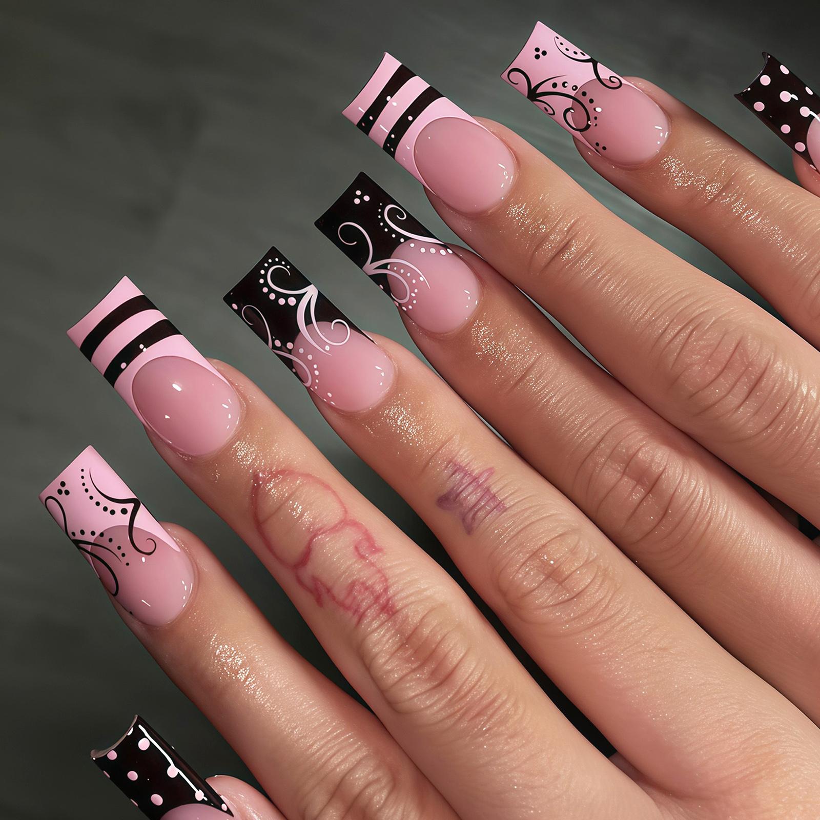24Pcs Sweet Punk Vine Striped Pink Black French Polka Dot Press On Nails Fake Nails Wearable Full Cover Nails Tips For Women