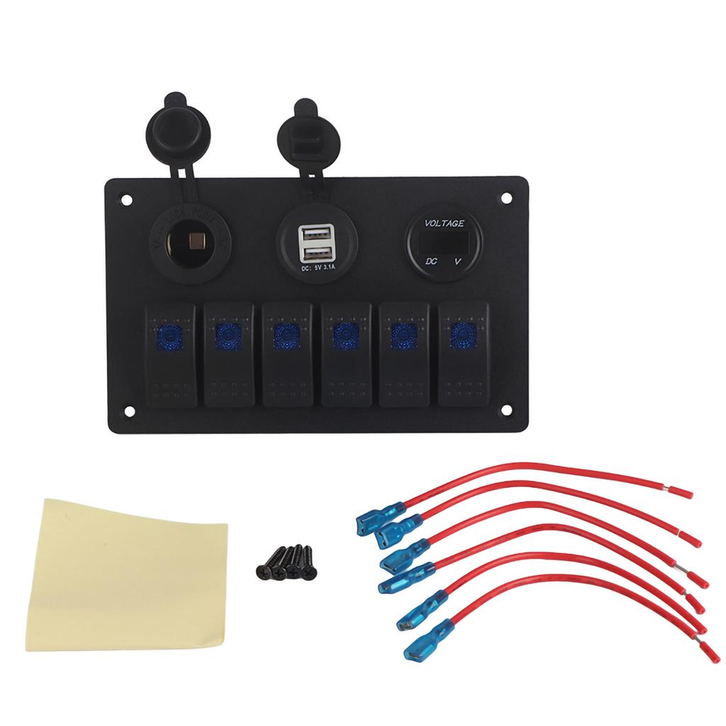 12V 24V 6-polohový LED kolébkový spínačový panel do auta/lodi Duální USB voltmetr Zásuvka zapalovače cigaret Modrá