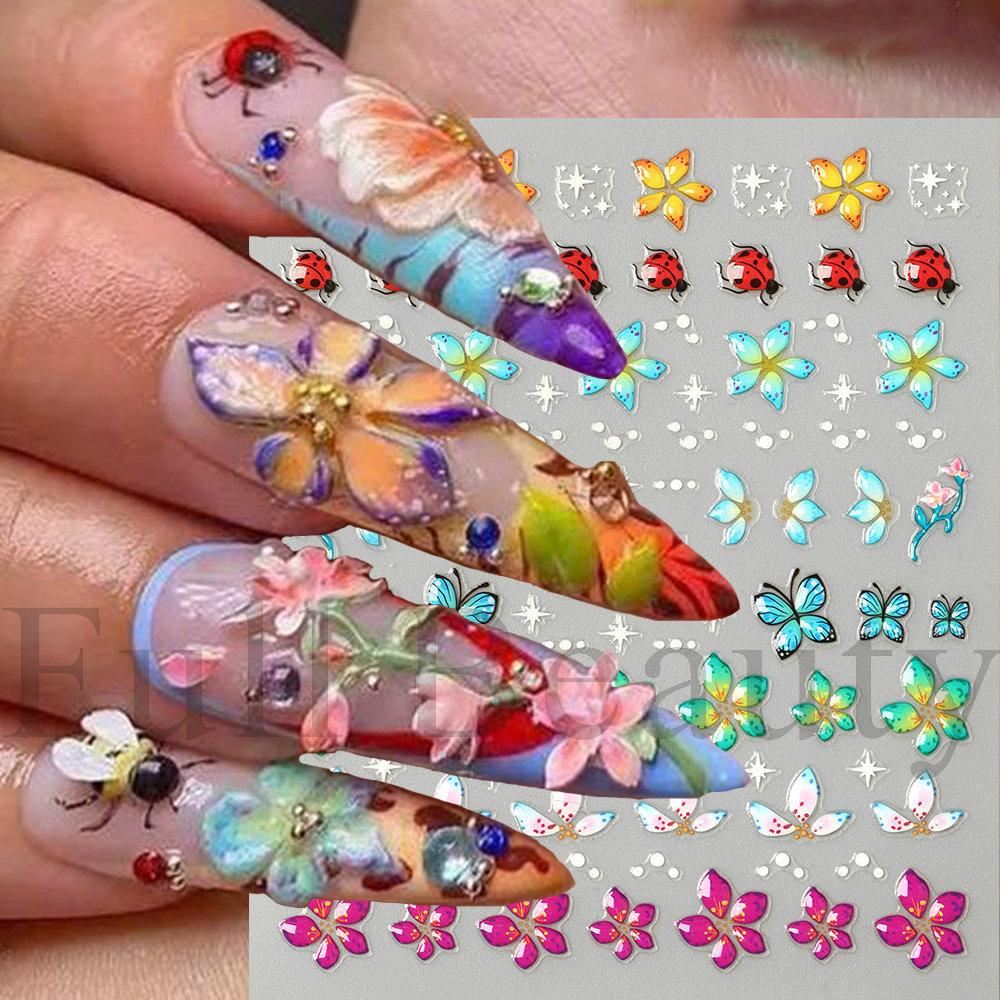 Nail Art Sticker, Embossed Three-Dimensional 5D Soft Glue, Ice-Penetrating Small Flower Ladybug Adhesive Nail Sticker