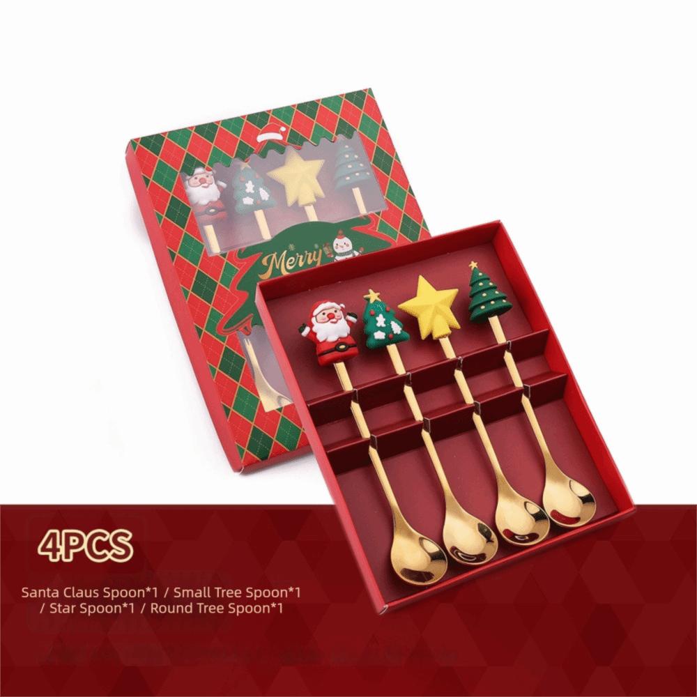 Mirror Polished Stainless Steel Spoon Set Tree/Star/Santa Motifs Mini Dessert Spoons  New Year