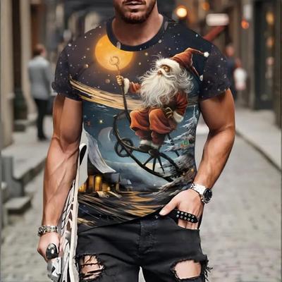 3D Santa Claus Print Men's T-Shirt Festive Holiday & New Year Gift Idea, Casual Short Sleeve Round Neck Top for Christmas Style