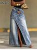Neues Design Patchwork Lagen-Wasch-Denim-Hose Langer Rock Damen
